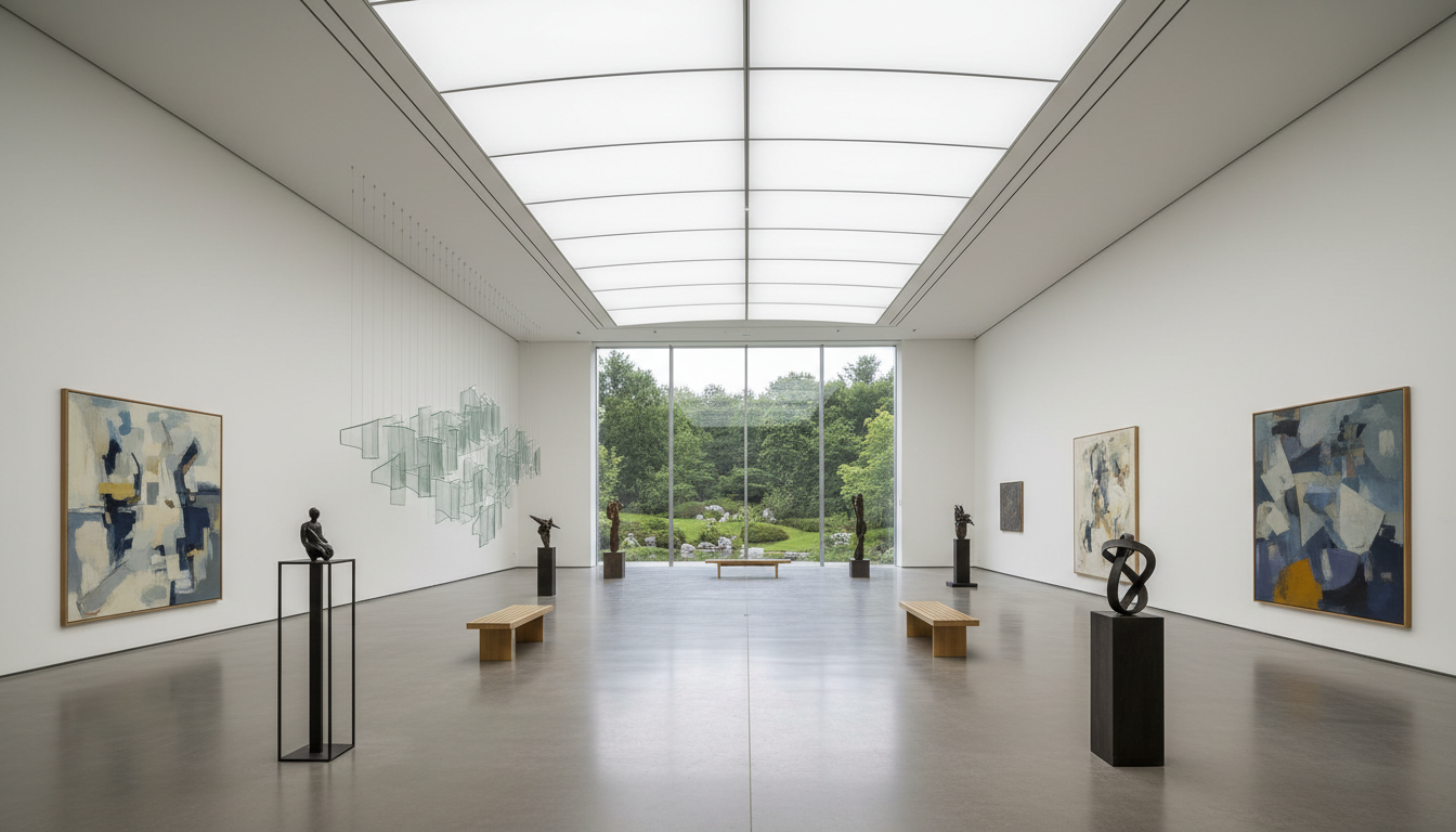 模擬藝廊空間的示意圖片，現代且寧靜，具藝術感，寬幅全景視角