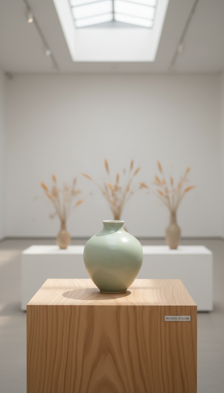 An elegant, hand-thrown ceramic vase glazed in pale celadon, set atop a smooth, natural-wood plinth within a minimalist white-walled gallery. The space is adorned with delicate, understated dried grass arrangements in the background, their muted ochre tones complementing the vase. Muted daylight diffuses softly from a high skylight, casting gentle shadows and subtle highlights on the ceramics and the wood grain, evoking a tranquil, contemplative mood. Eye-level composition with a centered, uncluttered frame immerses the viewer in sophisticated, photographic realism with a focus on refined, minimalist aesthetics. This image introduces the serene artistry of Mushin Atelier’s space.