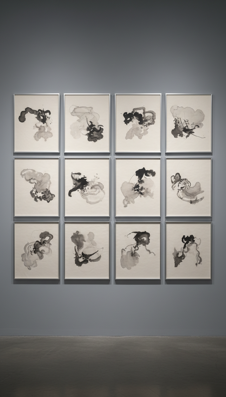 A meticulously arranged collection of abstract ink wash paintings on creamy, textured washi paper, displayed against a matte dove-gray gallery wall. Each artwork is framed with thin, brushed-aluminum frames that catch the ambient light, providing subtle elegance without overpowering the art. Soft, cool light from unseen overhead fixtures creates enigmatic shadows beneath each piece, enhancing depth while keeping the palette muted. The composition is symmetrical and orderly, shot straight-on to emphasize the curated serenity of the gallery’s collection, embodying a photographic, minimalist Zen-inspired mood.