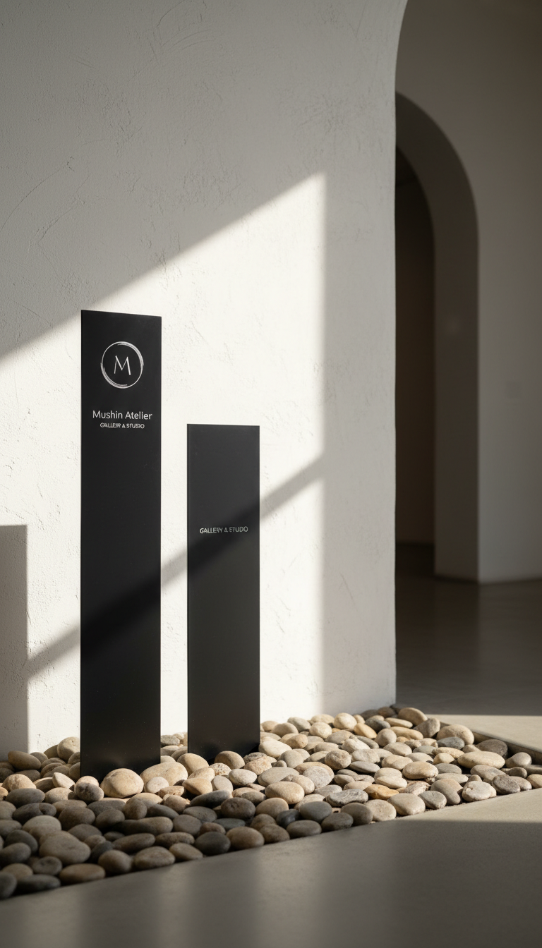 An artful arrangement in the gallery’s entry, showcasing slender, matte-black signage with the Mushin Atelier logo against a backdrop of subtly textured, off-white plaster. The base is surrounded by smooth river stones in varying shades of gray and beige, echoing Zen garden motifs. Early morning natural light streams in from the side window, creating gentle shadows along the signage and a soft ambient glow on the stones. The composition uses the rule of thirds with a shallow depth of field, exuding an understated sophistication for a welcoming, photographic website banner.