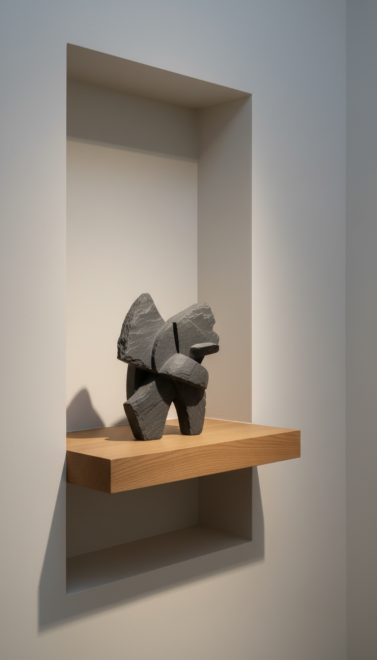 A minimal still-life of a dark slate sculptural form resting on a floating oak display shelf, framed by the clean lines of a pale wall alcove. Faint gradations of shadow form across the surface, accentuating the tactility of the piece and the subtle grain of the wood. Indirect, diffused lighting filters in from the left, casting a serene, natural glow. The mood is contemplative and elegant, captured from a slightly elevated angle with ample negative space, producing a refined portrait in sophisticated photographic style relevant to artist profile presentations.