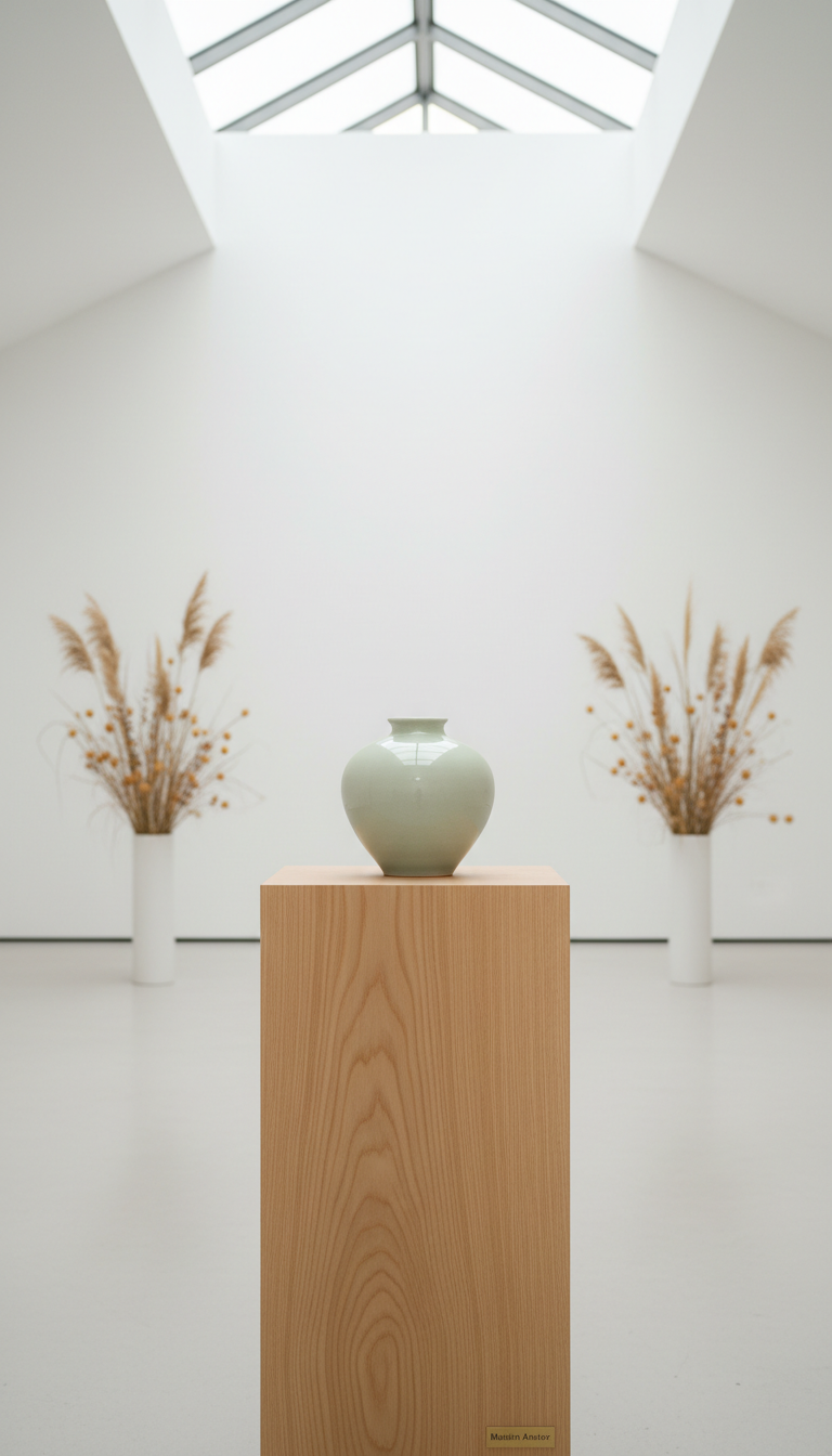 An elegant, hand-thrown ceramic vase glazed in pale celadon, set atop a smooth, natural-wood plinth within a minimalist white-walled gallery. The space is adorned with delicate, understated dried grass arrangements in the background, their muted ochre tones complementing the vase. Muted daylight diffuses softly from a high skylight, casting gentle shadows and subtle highlights on the ceramics and the wood grain, evoking a tranquil, contemplative mood. Eye-level composition with a centered, uncluttered frame immerses the viewer in sophisticated, photographic realism with a focus on refined, minimalist aesthetics. This image introduces the serene artistry of Mushin Atelier’s space.