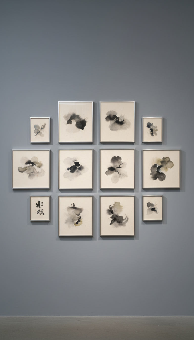 A meticulously arranged collection of abstract ink wash paintings on creamy, textured washi paper, displayed against a matte dove-gray gallery wall. Each artwork is framed with thin, brushed-aluminum frames that catch the ambient light, providing subtle elegance without overpowering the art. Soft, cool light from unseen overhead fixtures creates enigmatic shadows beneath each piece, enhancing depth while keeping the palette muted. The composition is symmetrical and orderly, shot straight-on to emphasize the curated serenity of the gallery’s collection, embodying a photographic, minimalist Zen-inspired mood.